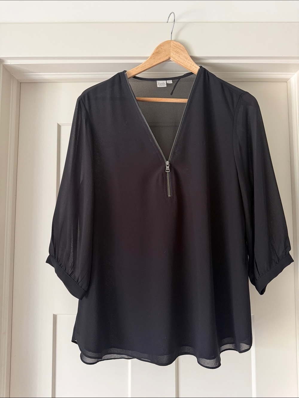 twik Black Zip-Front Semi-Sheer Blouse